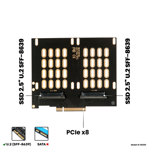 адаптер переходник для установки ssd m 2 nvme в слот pcie 3 0 x4 x8 x16 nhfk n m2x4 Адаптер-переходник (плата расширения) для установки 2 накопителей SSD 2.5 U.2 SFF-8639 PCI-E NVMe в слот PCI-E 3.0/4.0 x8, NHFK N-8639X