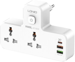 Cетевая зарядка, удлинитель-разветвитель LDNIO SC2311, 2 розетки, 2 USB, 1 PD, белый