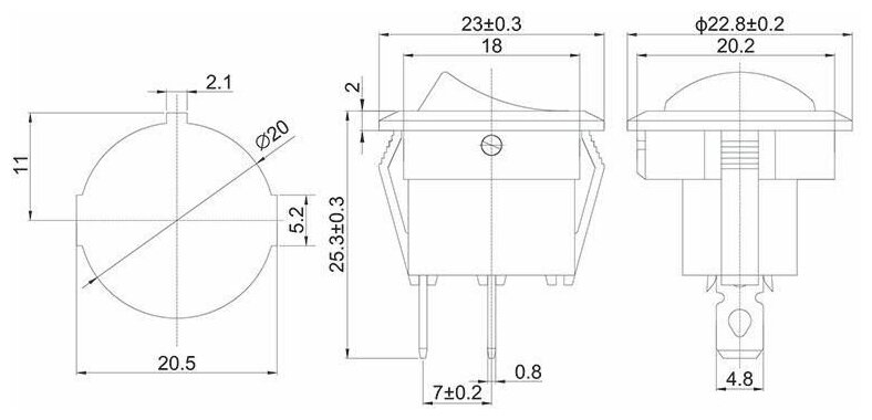 Выключатель клавишный 250В 6А (2с) ON-OFF круглый черн. (RWB-212; SC-214; MRS-102-8) Rexant 36-2550 - фотография № 2