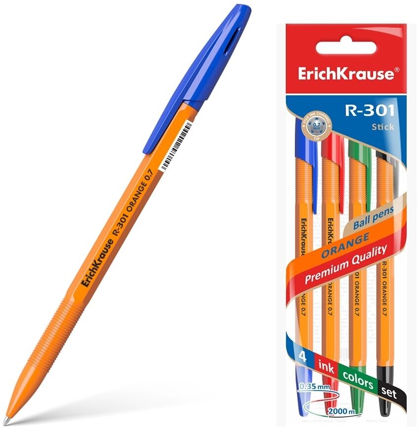 Ручка шариковая ErichKrause® R-301 Orange Stick 0.7, цвет чернил: синий, черный, красный, зеленый (в пакете по 4 шт.)