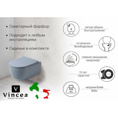 Унитаз подвесной Vincea Evo VT1-34SMO безободковый, цвет океан матовый, ультратонкое soft-close сиденье