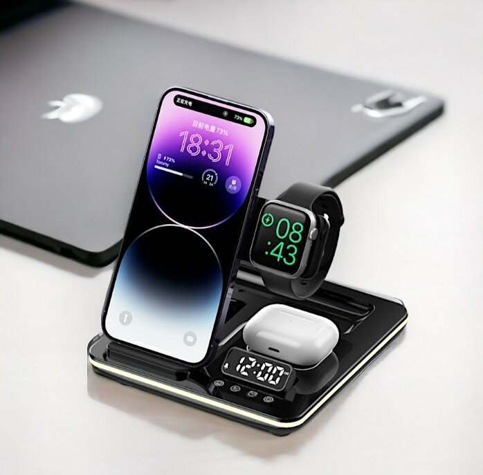 Беспроводное зарядное устройство JR, 5 в 1, для Apple, с LED-подсветкой, черное — фото 1