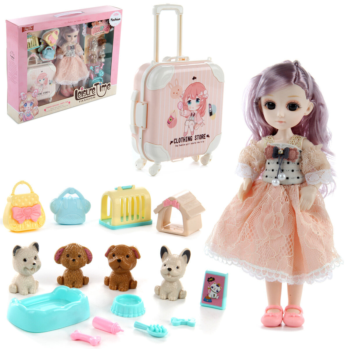 Кукла с питомцами, собачки и переноски, чемодан, Veld Co