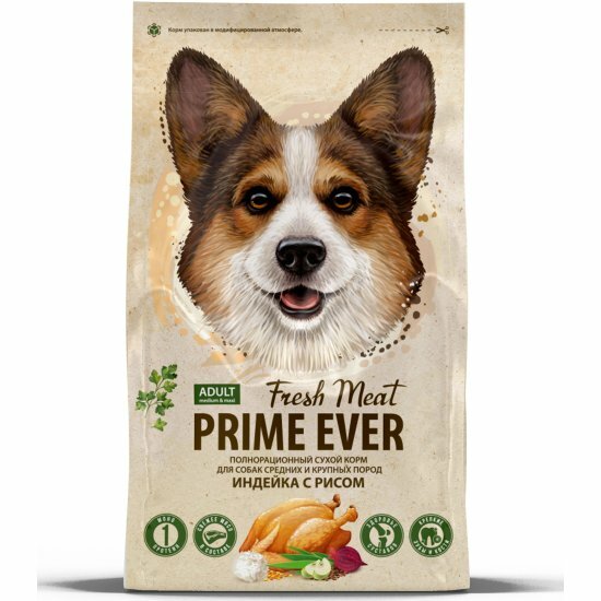 Корм сухой Prime Ever Fresh Meat Adult Dog Medium&Maxi Индейка с рисом полнорационный для взрослых собак средних и крупных пород ,2,8 кг