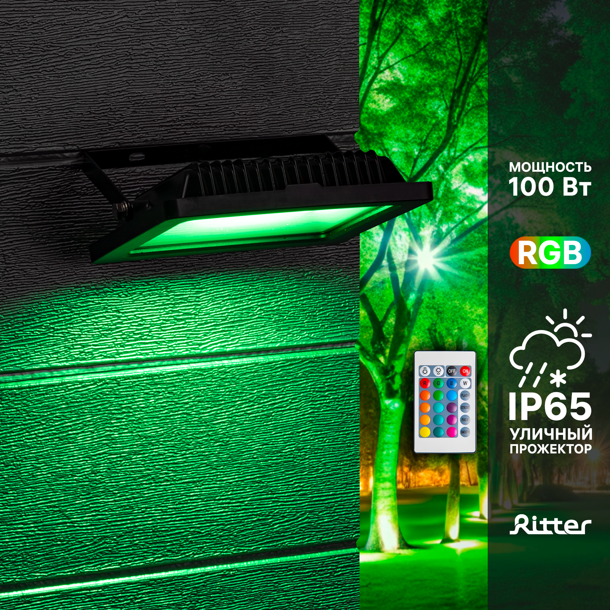 фото Прожектор светодиодный RGB с пультом ДУ, 100Вт, IP65, LED, регулировка яркости света, уличный, водонепроницаемый, уличное освещение, Ritter, 53404 4