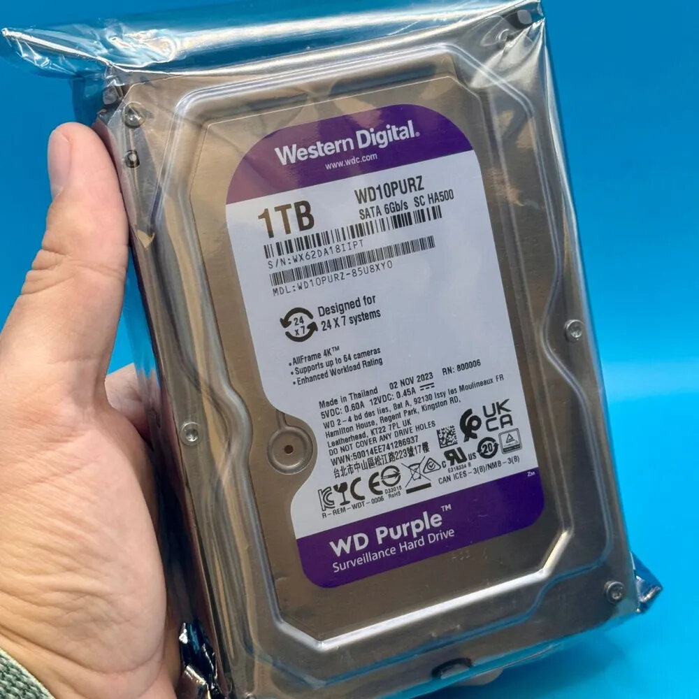 Жесткий диск Western Digital WD10PURZ для видеонаблюдения, 1ТБ, 3.5", SATA 3GB/S — фото 1