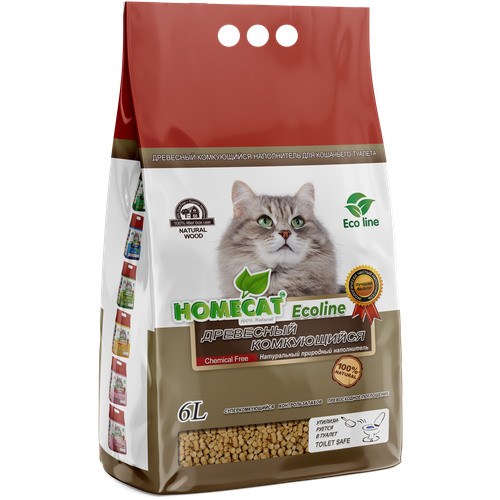 HOMECAT Ecoline Наполнитель для кошачьих туалетов Древесный Комкующийся, 2,1 кг. / 6 л.