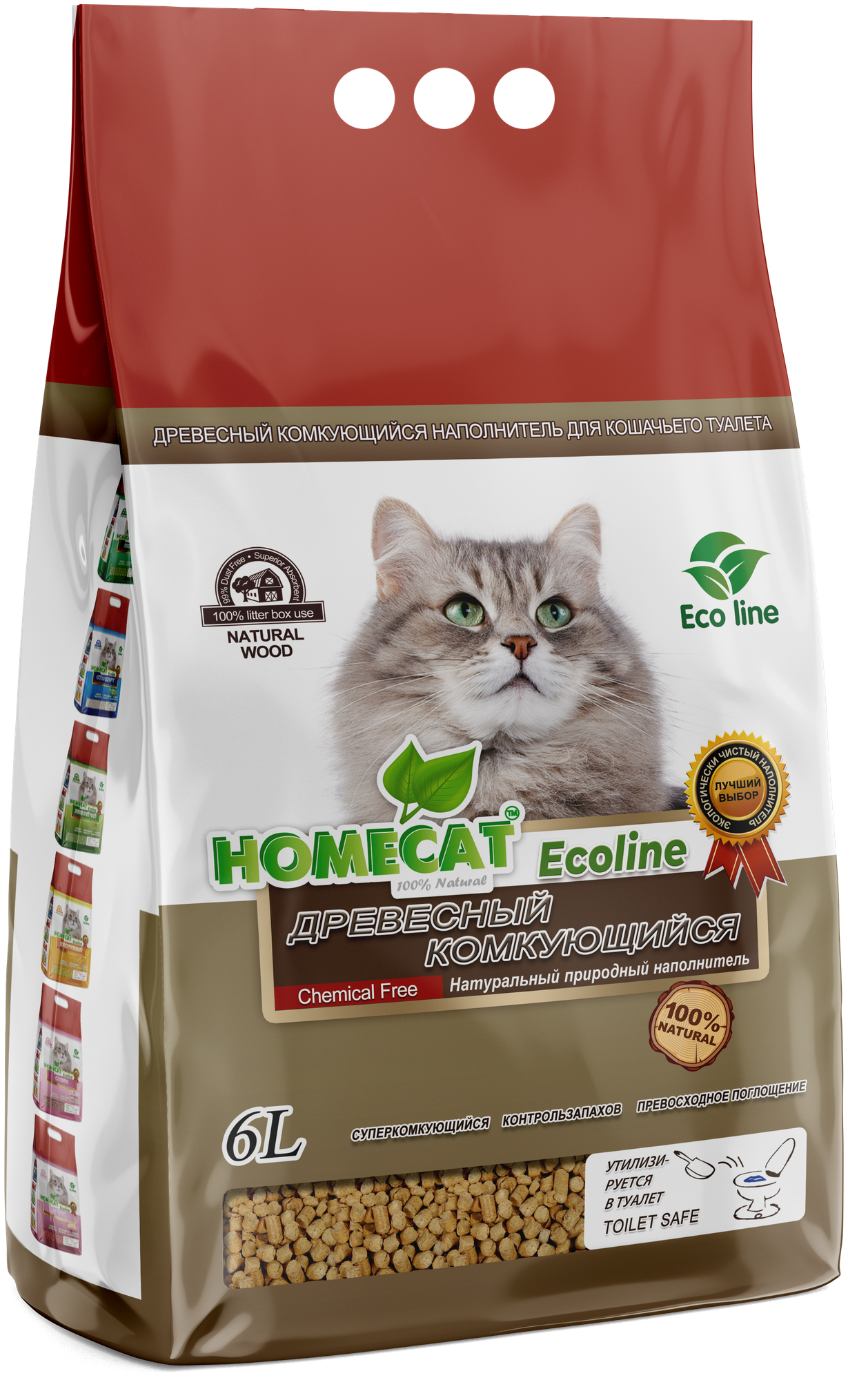 HOMECAT Ecoline Наполнитель для кошачьих туалетов Древесный Комкующийся 21 кг. / 6 л.