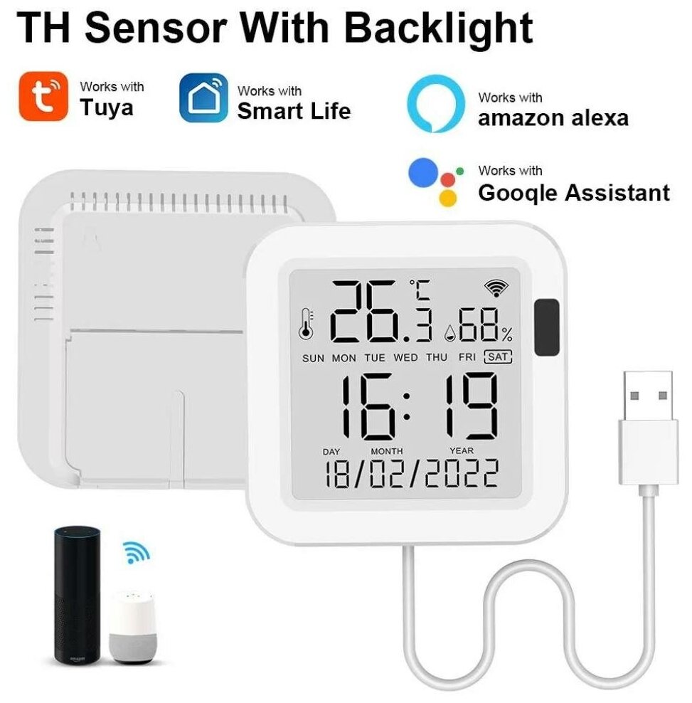 Датчик температуры и влажности Tuya Wi-Fi USB-разъем ЖК-экран подсветка работает с Alexa Google Assistant Smart Life
