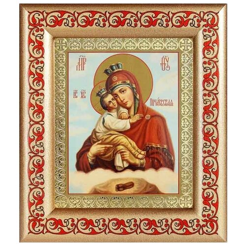 Почаевская икона Божией Матери на облаке, рамка с узором 14,5*16,5 см