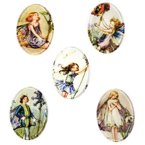 фото Набор стеклянных кабошонов с ламинированной наклейкой-принтом, размер каждого кабошона: 25х18х5 мм, форма: овал, вес: 3 грамма, 5 шт. kaboshon