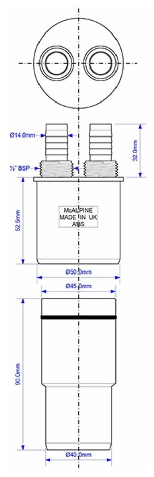 Адаптер McAlpine для подключения слива с 2-мя отводами 14мм-1/2 WFH-CON4050