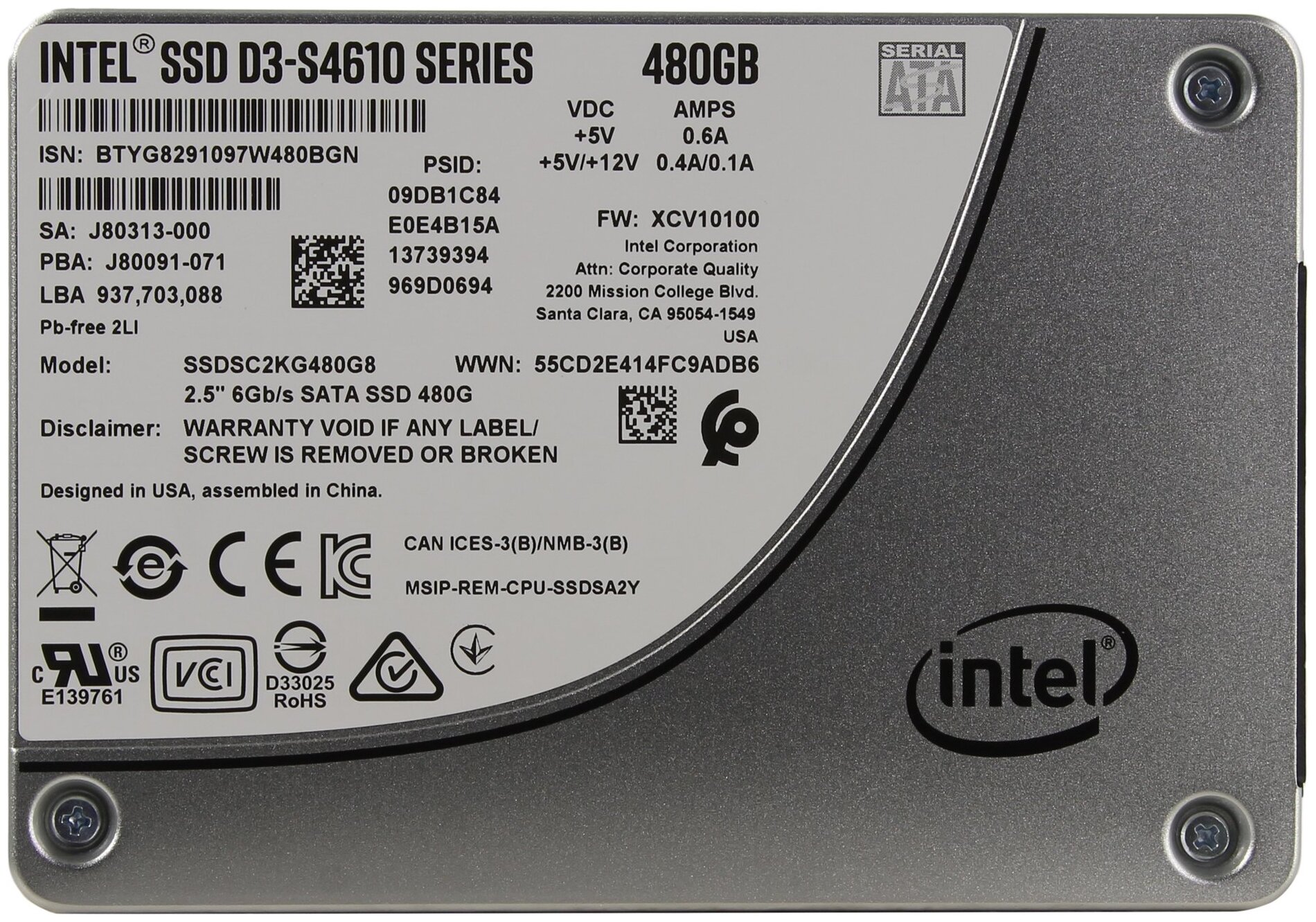 Накопитель SSD Intel Original SATA III 480Gb SSDSC2KG480G8 DC D3-S4610 2.5