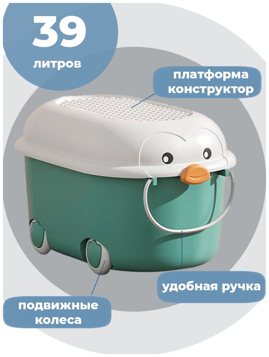 Ящик корзина контейнер для хранения игрушек Пингвин 39 литров бирюзовый 52,5х33х30 см