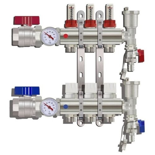 Коллекторная группа TIM KA003 с расходомерами 1, 3 хода, латунь c кранами, полный комплект