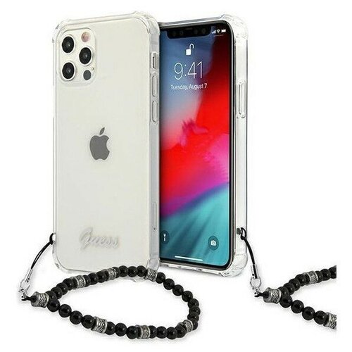 фото Чехол cg mobile guess pc/tpu script hard + pearl strap для iphone 12/12 pro, цвет прозрачный/черный ремень (guhcp12mkpsbk)