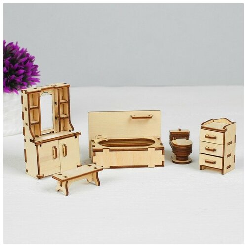 фото Polly набор деревянной мебели для кукол «ванная» (скамейка, ванна, унитаз, умывальник, шкаф)