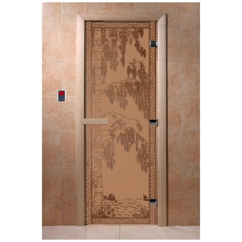 Дверь бан. DW 1900*700 кор. ольха-липа, кедр бронза матовое с рис. Березка, (00907)