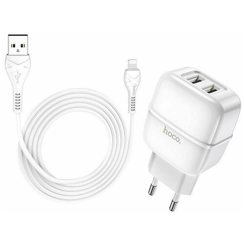 фото Блок питания сетевой 2 usb hoco, c77a, highway, 2400mah, пластик, кабель apple 8 pin, белый