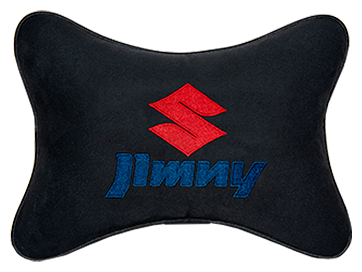 Автомобильная подушка на подголовник алькантара Black с логотипом автомобиля Suzuki Jimny