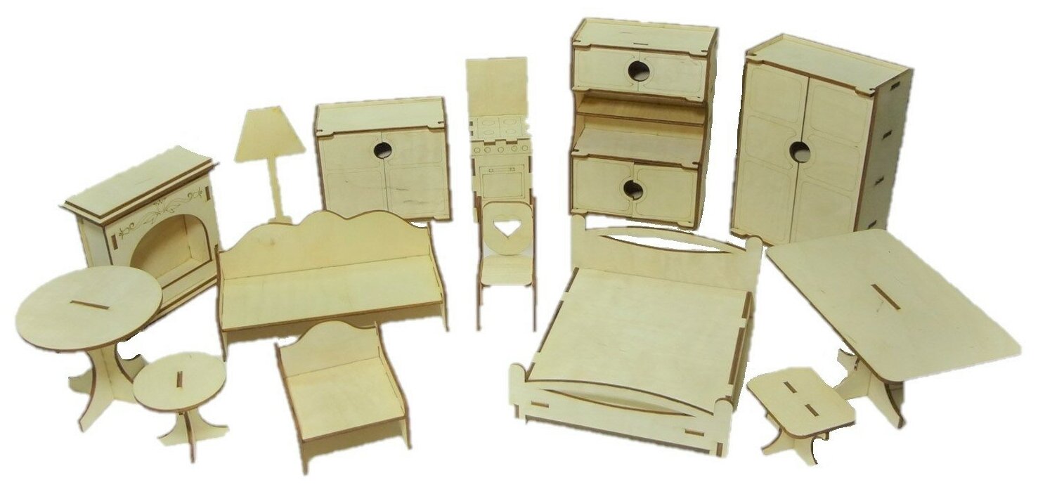 Деревянный набор мебели №2-2 в кукольный домик (14 предметов) для кукол 15-20 см