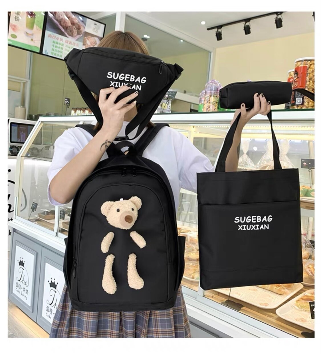Рюкзак детский школьный в садик с мишкой для девочки и мальчика(4в1) черный