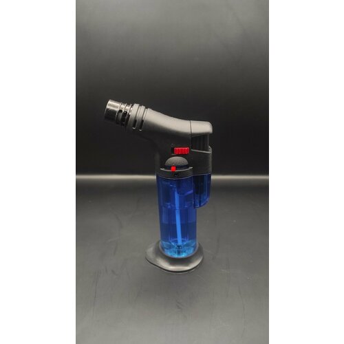 Мини газовая горелка турбо, зажигалка туристическая с пьезоподжигом синяя прозрачная с подставкой