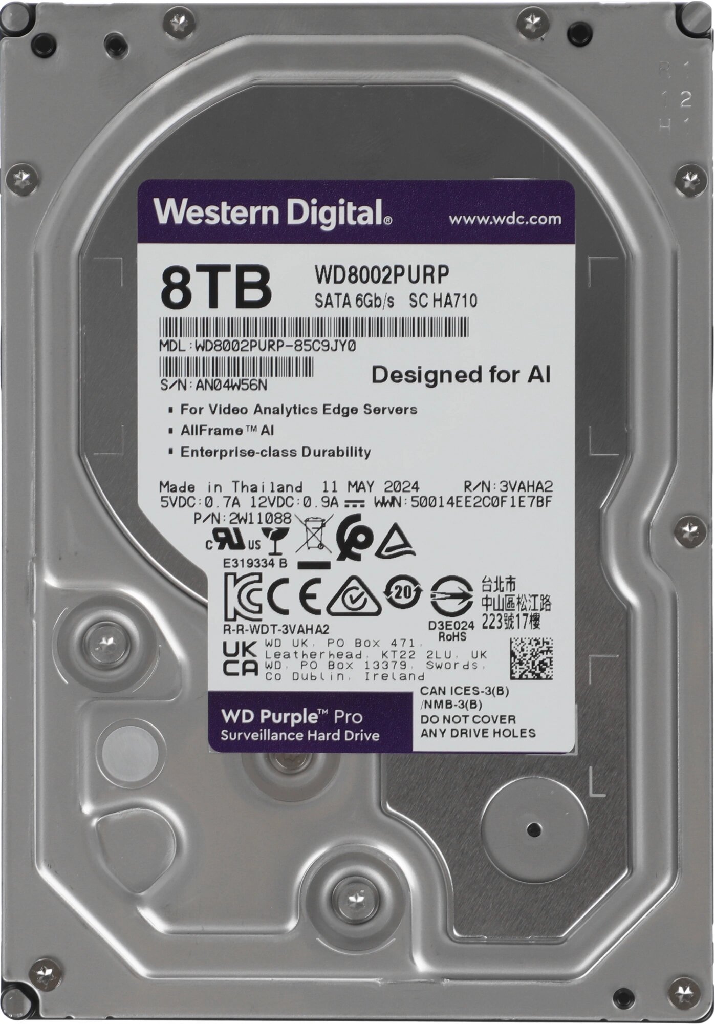 WD Жесткий диск WD SATA-III 8TB WD8002PURP Surveillance Purple Pro (7200rpm) 256Mb 3.5" WD8002PURP