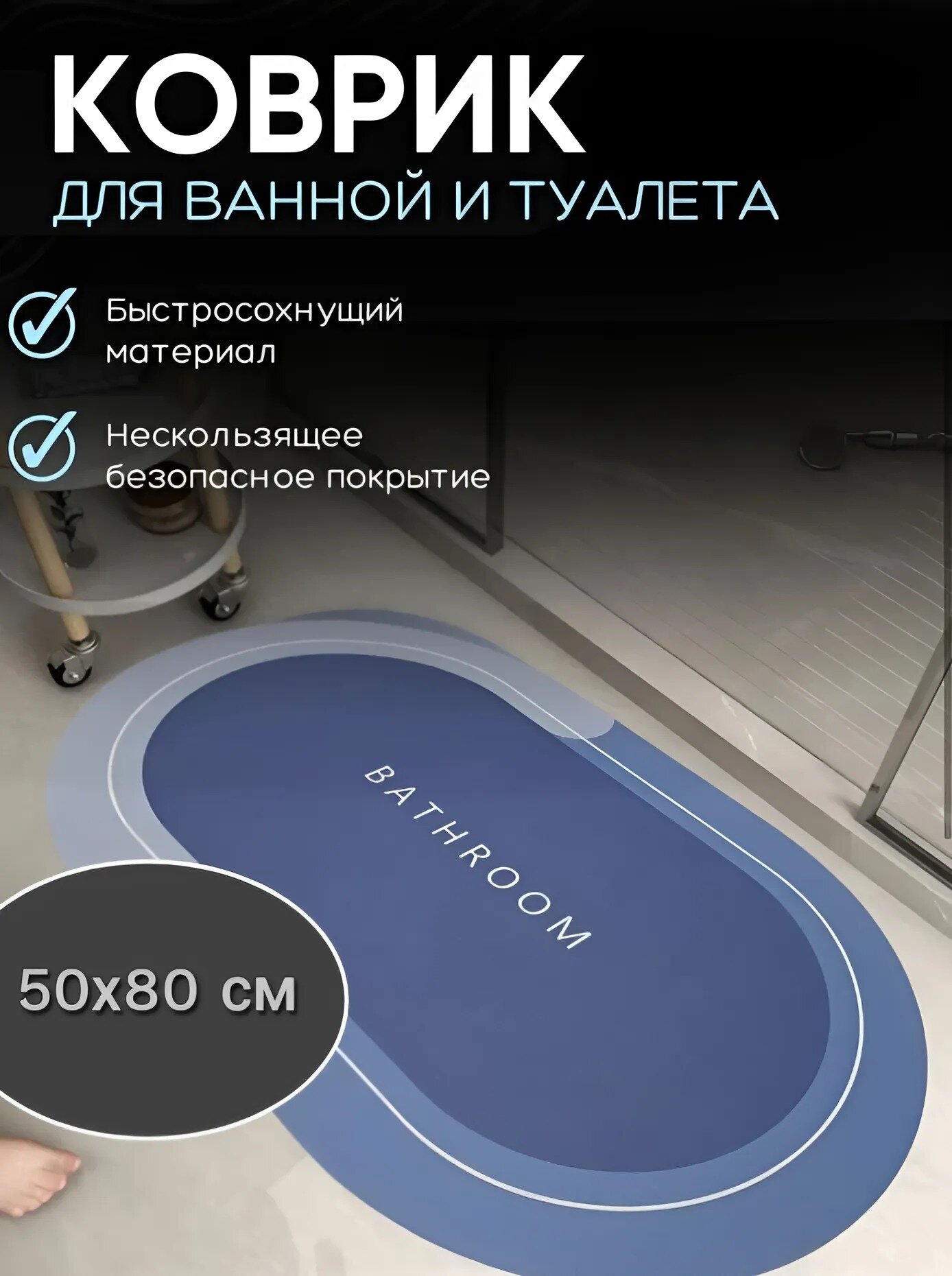 Противоскользящий впитывающий коврик для ванной комнаты 50*80 синий