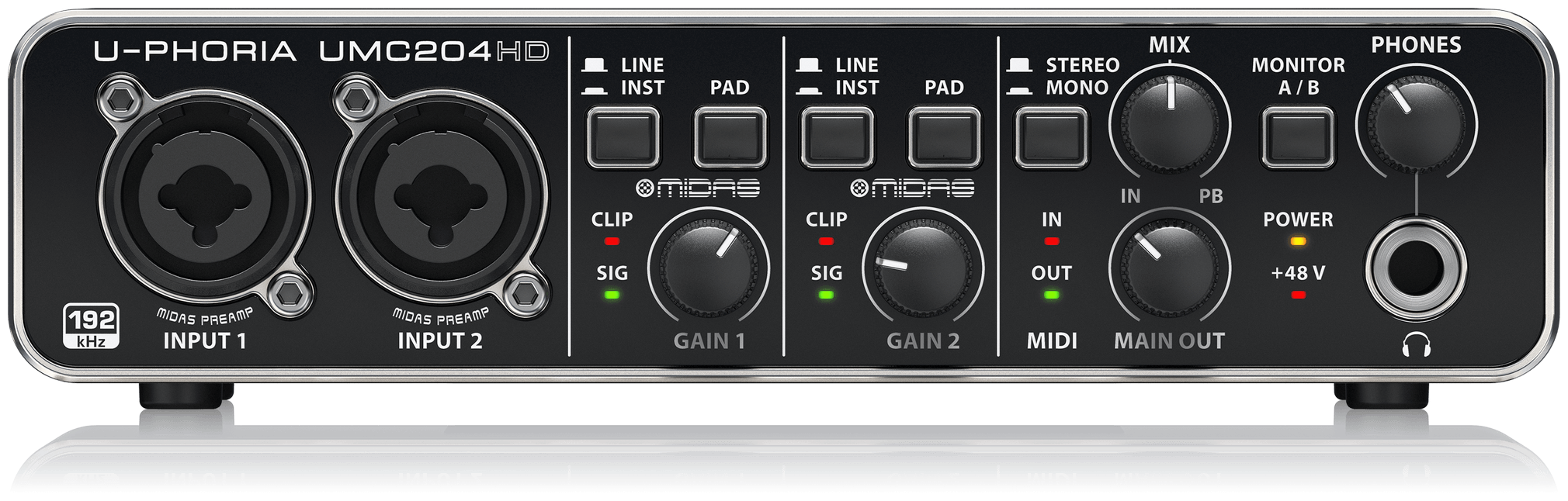 BEHRINGER UMC204HD - аудиоинтерфейс USB, 2входа, 4 выхода, микр. предусилители MIDAS, 24-Bit/192 kHz — фото 1