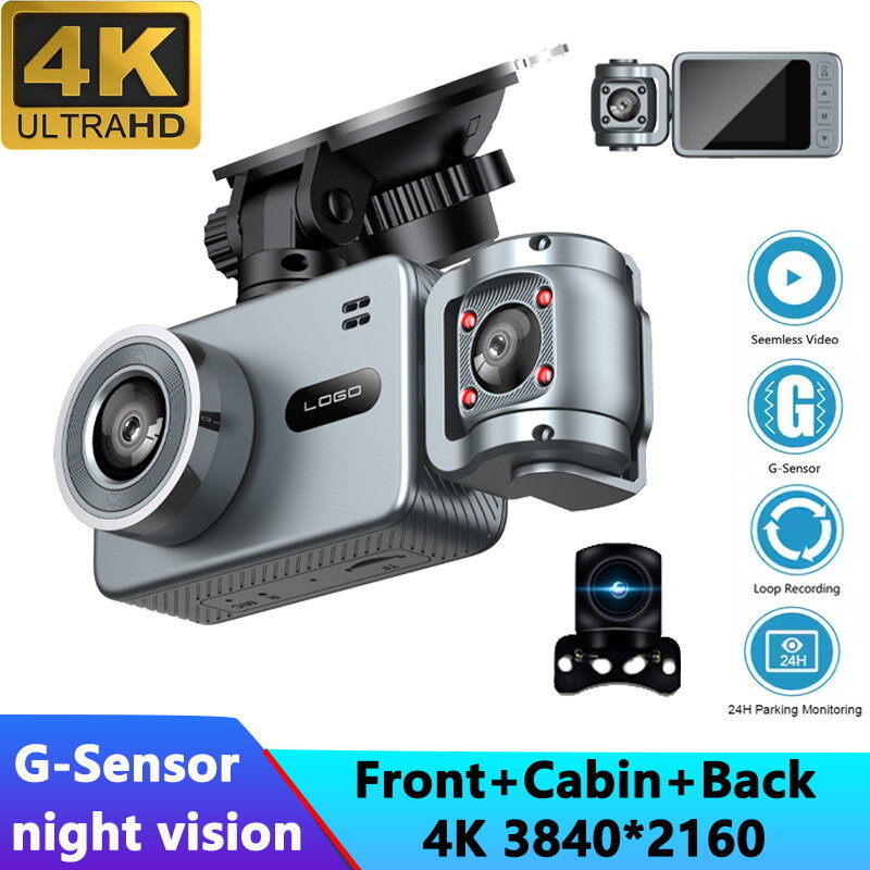 4k Wifi Dash Camera Car DVR Автомобильная камера Передняя и задняя Внутренняя 3 Канала