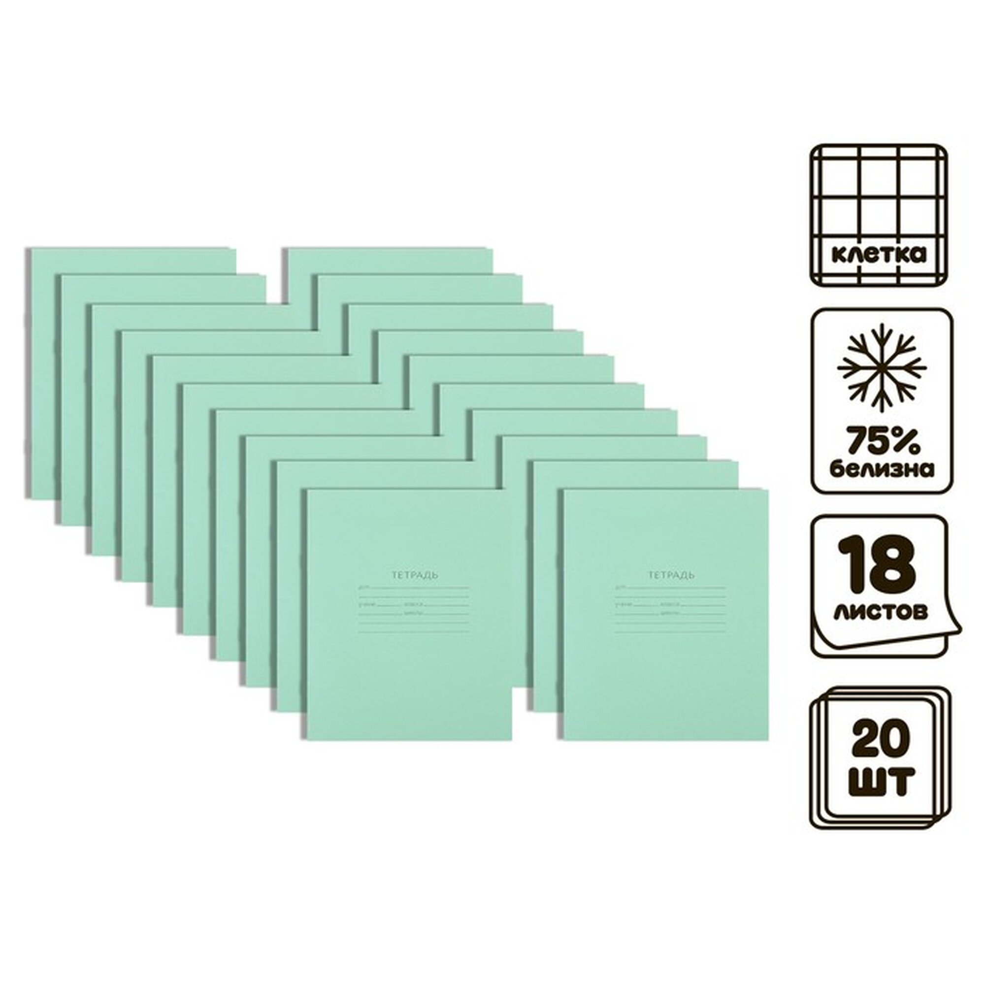 Комплект тетрадей из 20 штук 18 листов в клетку КПК "Зелёная обложка" блок №2 60 г/м2 белизна 75% (серые листы)