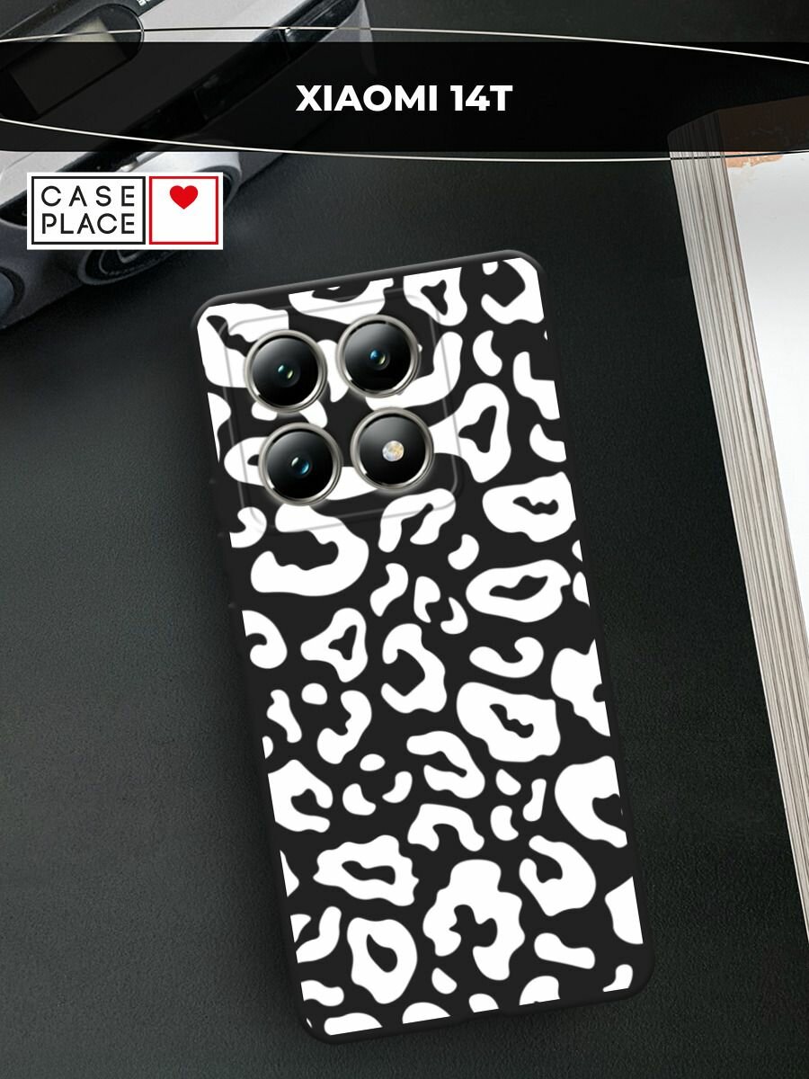 Черный матовый чехол на Xiaomi 14T / Сяоми 14T с принтом Паттерн белый леопард