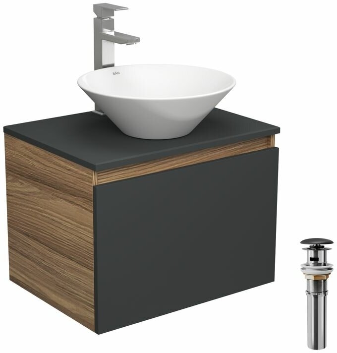 Комплект для ванной, 4 предмета (тумба Bau 60, графит + раковина BAU Dream D43 + смеситель Hotel Still, выпуск клик-клак, черный)