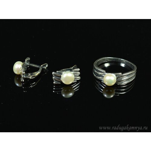 Комплект бижутерии: серьги, кольцо, жемчуг пресноводный, размер кольца 20