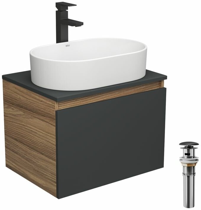 Комплект для ванной, 4 предмета (тумба Bau 60, графит + раковина BAU Nimb 56х36 + смеситель Hotel Black, выпуск клик-клак, черный)
