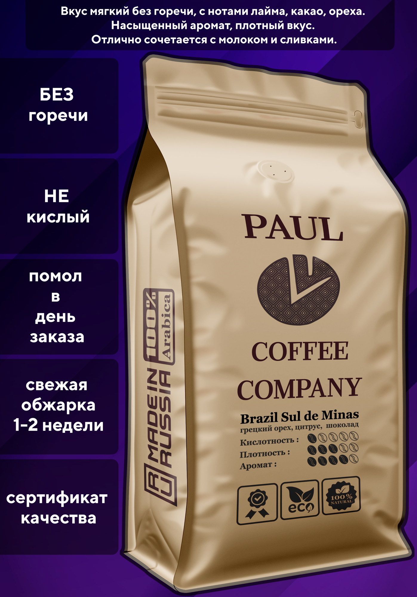 Кофе молотый Бразилия Суль-ди-Минас 250 г Рaul Coffee Company 100% Арабика