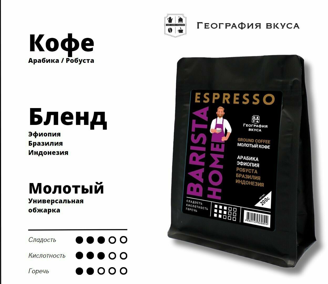 Кофе молотый, география вкуса, Barista Home, Espresso, 200 г
