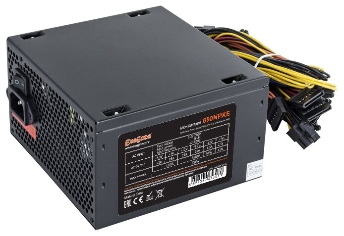 Блок питания 650W ExeGate 650NPXE (ATX, PPFC, SC, 12cm fan, 24pin, (4+4)pin, PCIe, 3xSATA, 2xIDE, FDD, black, кабель 220V с защитой от выдергивания)