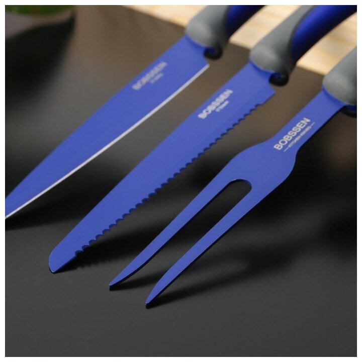 Набор кухонных принадлежностей Faded, 3 предмета: 2 ножа, вилка для мяса, цвет синий