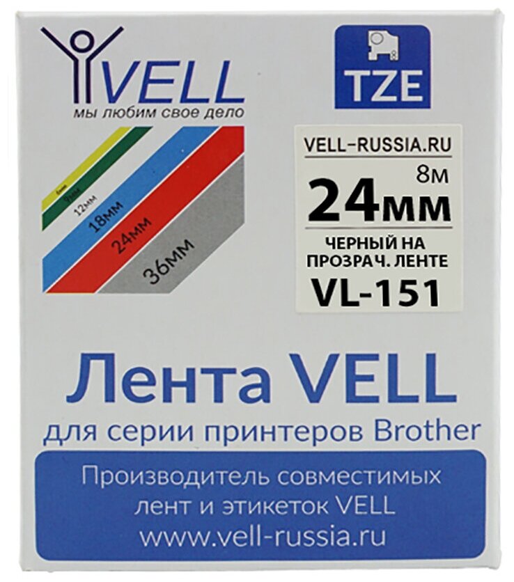 Лента Vell VL-151 (Brother TZE-151, 24 мм, черный на прозрачном) для PT D600/2700/P700/P750/ PTE550/9700/P900 {Vell-151}