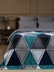 Плед TexRepublic Absolute 180х200 см, 2 спальный, велсофт, покрывало на диван, теплый, мягкий, морская волна, серый, белый, с принтом треугольники