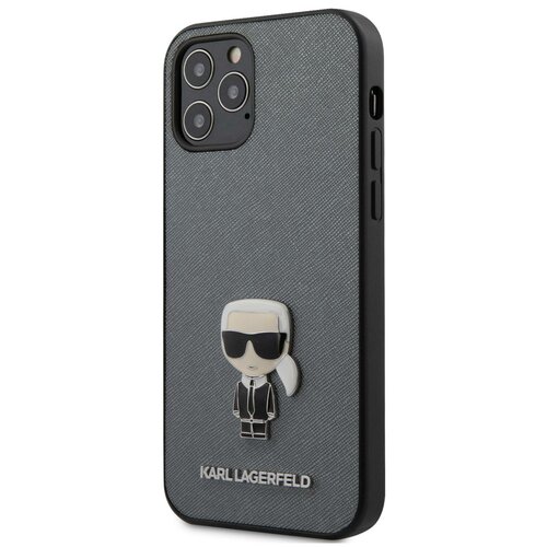 Karl Lagerfed Чехол Karl Lagerfeld PU Saffiano Ikonik Karl (metal) Hard для iPhone 12  12 Pro, серебристый