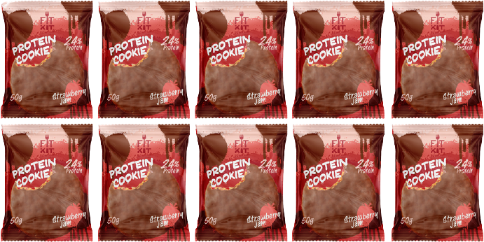 Протеиновое печенье в шоколаде без сахара Fit Kit Chocolate Protein Cookie, 10шт x 50г (клубничное варенье)