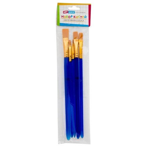 набор кистей artspace синтетика плоская короткая ручка 5 шт упаковка 5 5 шт синий Набор кистей ArtSpace синтетика, плоская, короткая ручка, упаковка, №5, 5 шт., блистер, синий