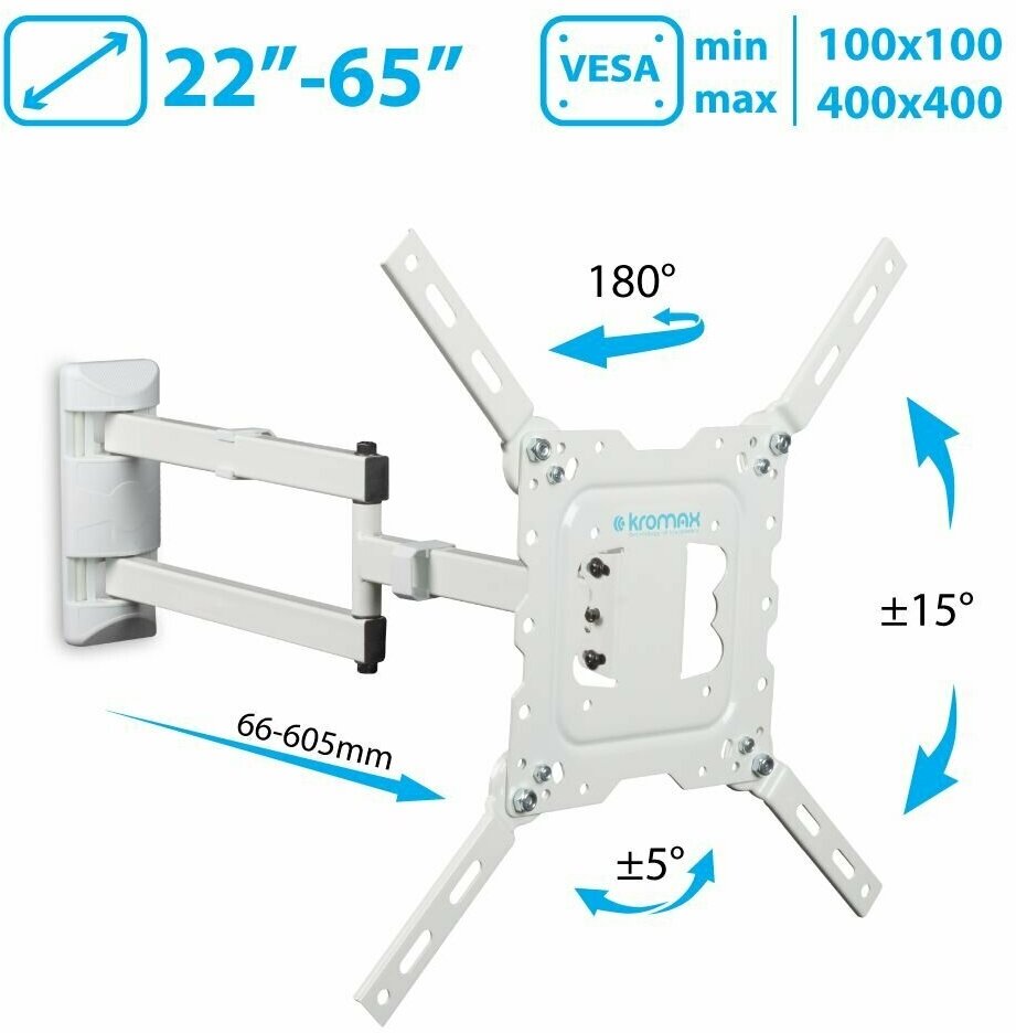 Кронштейн для телевизора на стену / крепление наклонно-поворотное Kromax DIX-18 / до 65 дюймов / vesa 400x400