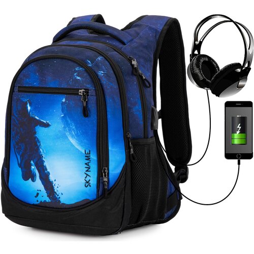 Рюкзак школьный для подростка, черный городской для мальчика/девочки, с анатомической спинкой и USB-слотом, 22.4 л, SkyName (СкайНейм)