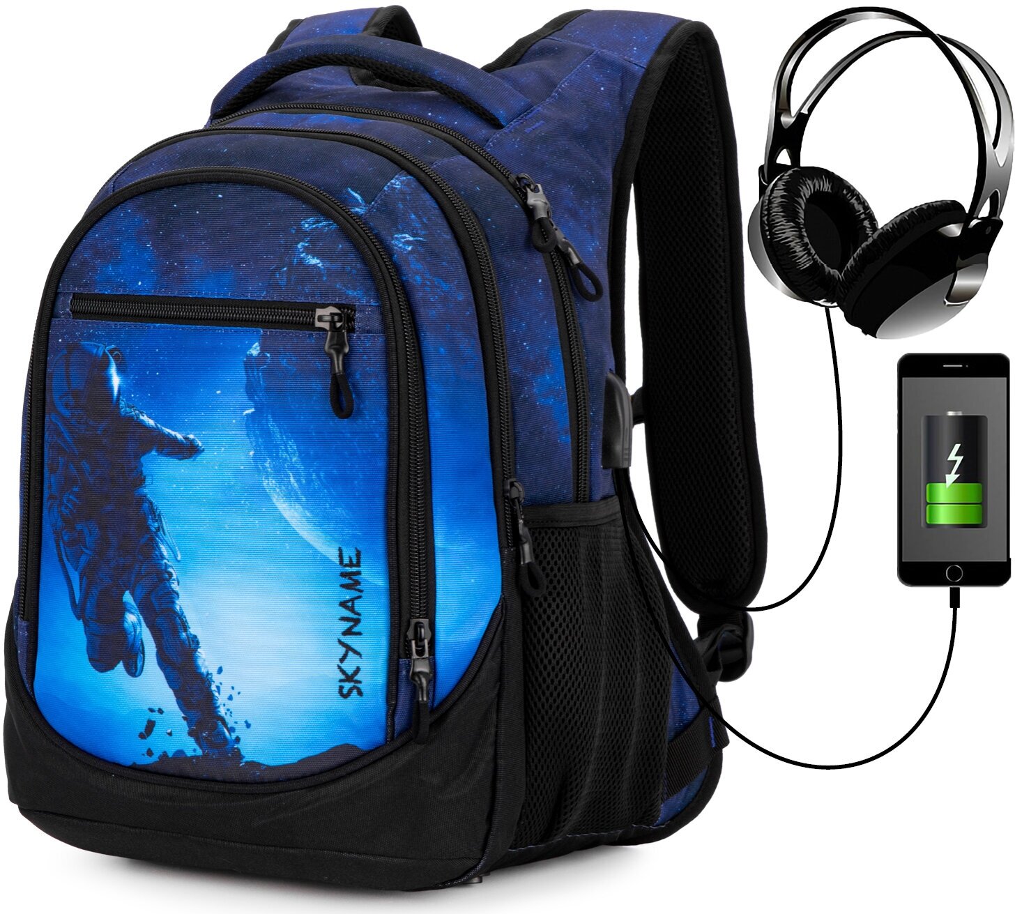Рюкзак школьный для подростка, черный городской для мальчика/девочки, с анатомической спинкой и USB-слотом, 22.4 л, SkyName (СкайНейм)