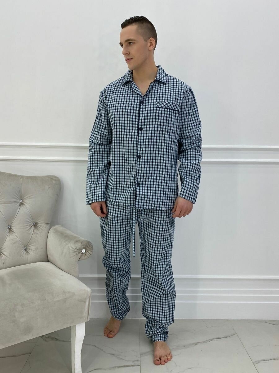 Пижама мужская в клетку с брюками и рубашкой с длинным рукавом хлопок Global_размер48 - фотография № 3