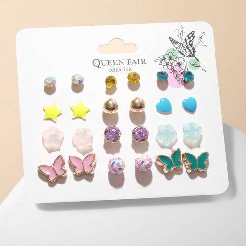 Комплект серег , эмаль, мультиколор набор серьги 12 пар принцесса бабочки цветные в золоте